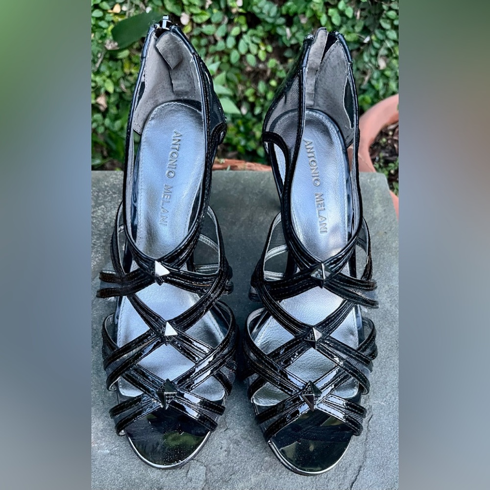 Antonio Melani Size 7.5 M Black Patent Silver Cage Heel Sandals